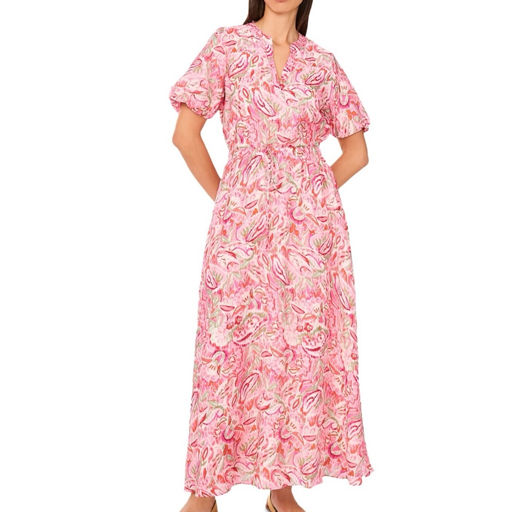 Vince Camuto Pink Multi Paisley Print Puff-Sleeve Maxi Dress